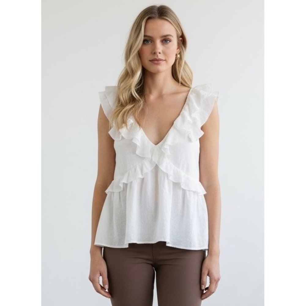 Mi Ami for Francescas White Ruffle Peplum V-Neck Tie Back Top Cadey GG102 Large